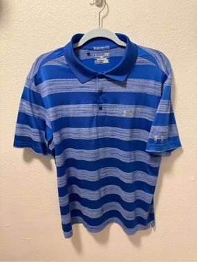 Under Armour Mens HeatGear Blue Striped Loose Fit ShortSleeve Performance Polo L